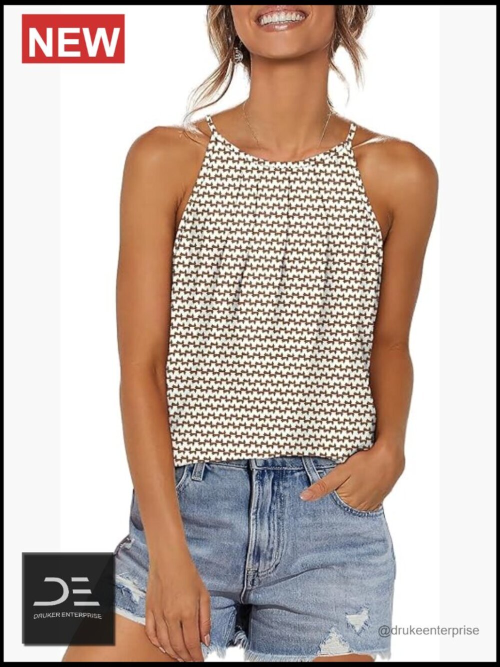 Pleated Tank Tops Spaghetti Strap Halter Neck Curved Hem Loose Fit Sleeveless